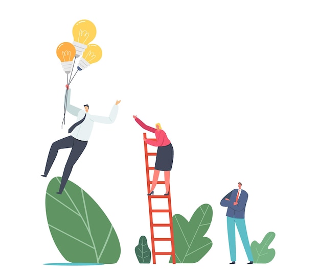 Competitive advantages. female business character climbing ladder chase businessman flying on light bulbs balloons in sky. worker with creative idea fly to success. cartoon people vector illustration