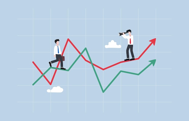 Competitive analysis concept Businessman on analyzing rival on another graph through telescope