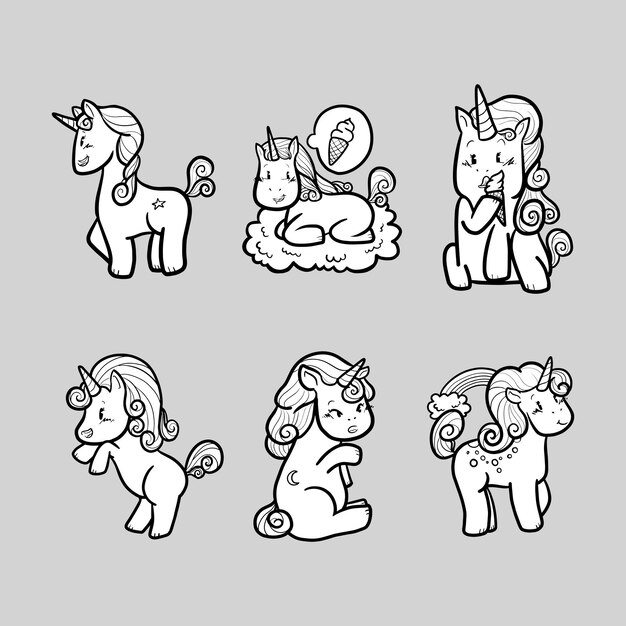 Compilation of cute unicorn outline black and white illustration 4