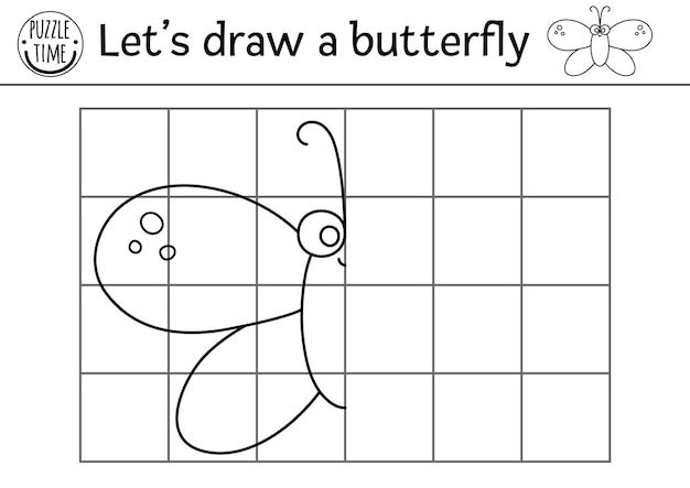 Complete the butterfly picture Vector forest drawing practice worksheet Printable black and white activity for preschool children with insect Copy the picture garden woodland themed game for kidsxA