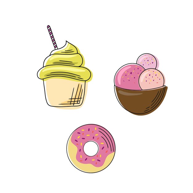 Полная коллекция мультяшного летнего вкусного мороженого в плоском стиле векторная иллюстрация яркий летний плакат со сладкой едой