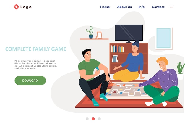 Complete family game landing page template with happy family or friends playing logic strategic game at home on the weekend.