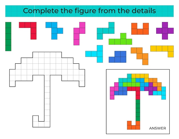 Complete the figure. Puzzle game with umbrella. Education game for kids.