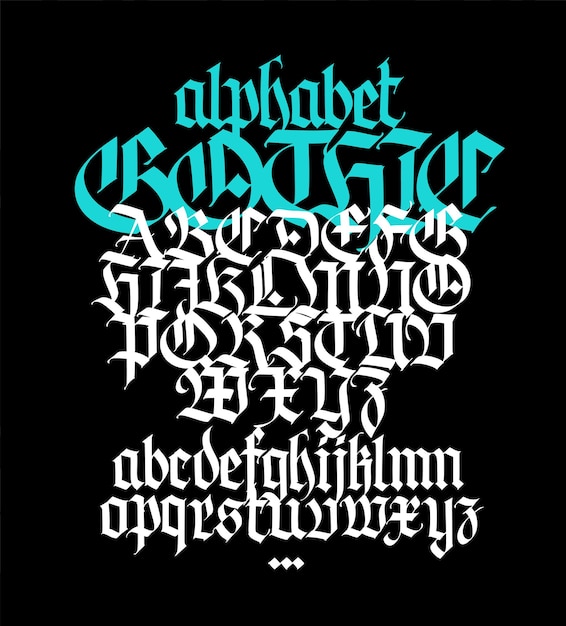 Complete gothic alphabet uppercase and lowercase letters on a black background