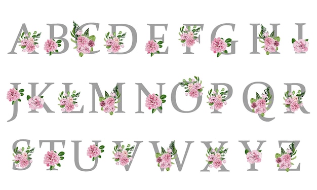 Complete holiday alphabet with delicate pink watercolor flowers