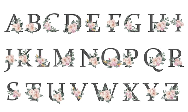 Complete holiday alphabet with delicate watercolor roses