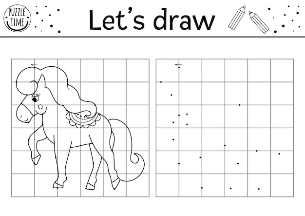 Complete the horse picture Vector fairytale drawing practice worksheet Printable black and white activity for preschool kids Copy the picture magic kingdom themed gamexA