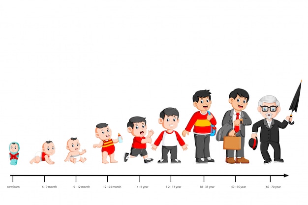 Vector complete life cycle of person's life from childhood to old age