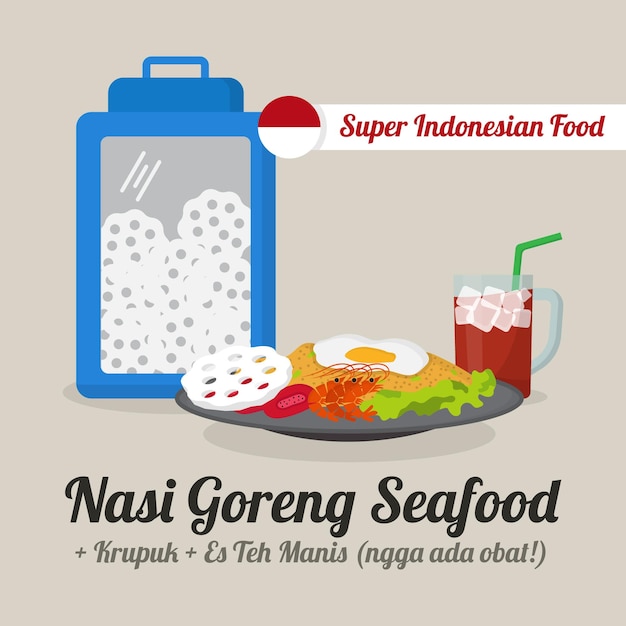 Vector complete package of nasi goreng with seafood krupuk and es teh manis - indonesian food