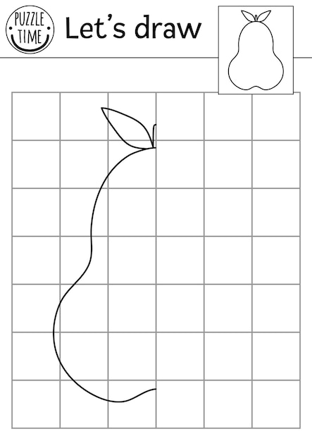 梨の絵を完成させる ベクター ガーデンの左右対称の絵を描く練習用ワークシート 果物を持った就学前の子供向けの印刷可能な白黒のアクティビティ 収穫をテーマにしたゲームの絵をコピーするxA