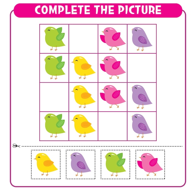 Complete the picture colorful birds Educational game Worksheet for kids Sudoku