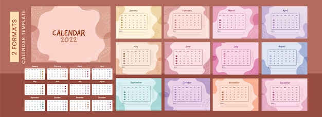 Complete set of 12 month yearly calendar design in pastel colors for 2022.