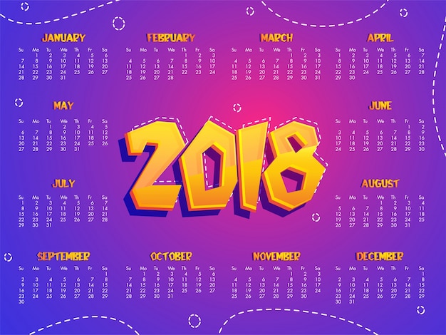 Set completo di 12 mesi, calendario 2018.