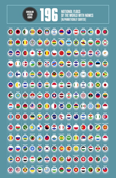 Complete set of circular national flags of the world