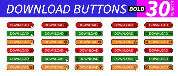 complete set of professional download buttons with hand pointer arrow pointer and other related