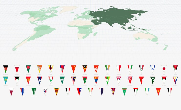 Vector complete set van aziatische landvlaggen in verticale driehoekformaat