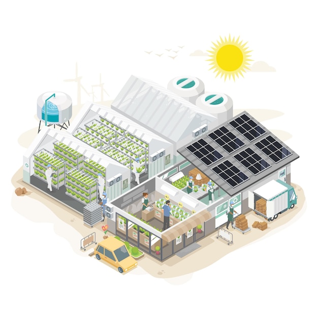 Vector complete smart plant factory system farming isometric infographic organic shop