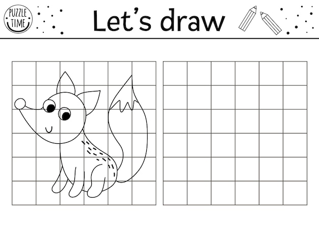 キツネの絵を完成させるベクトルの森の描画練習ワークシート動物と一緒に就学前の子供のための印刷可能な白黒の活動kidsxaのための絵の庭の森をテーマにしたゲームをコピーする