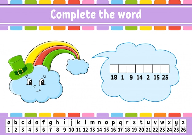 Complete the words. rainbow in hat. cipher code. learning vocabulary and numbers.