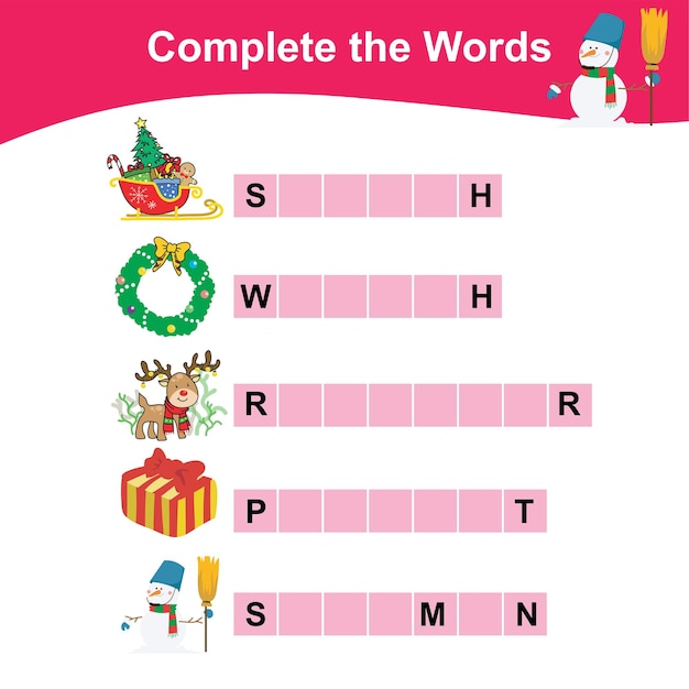 Complete the words. Writing practice for children. Educational exercise worksheet.