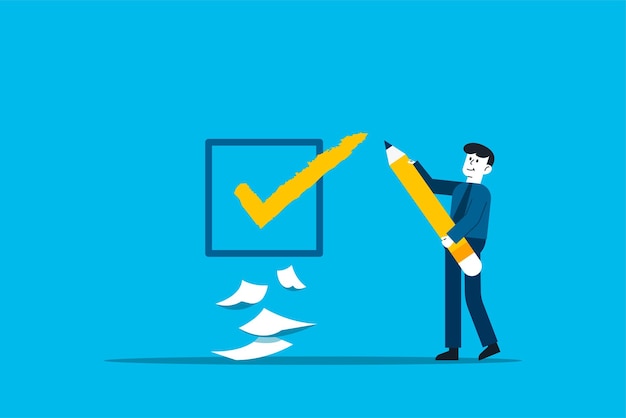 Completed checklist A businessman holding a pencil looking at completed checklist