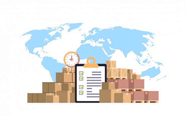 Vector completed checklist clipboard parcel packages paper box blue world map, international delivery industrial concept flat horizontal