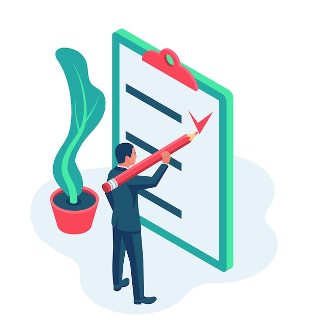 Vector completed task vector illustration isometric design isolated on background clipboard with goals and deadlines businessman holding a big pencil successful marked checklist