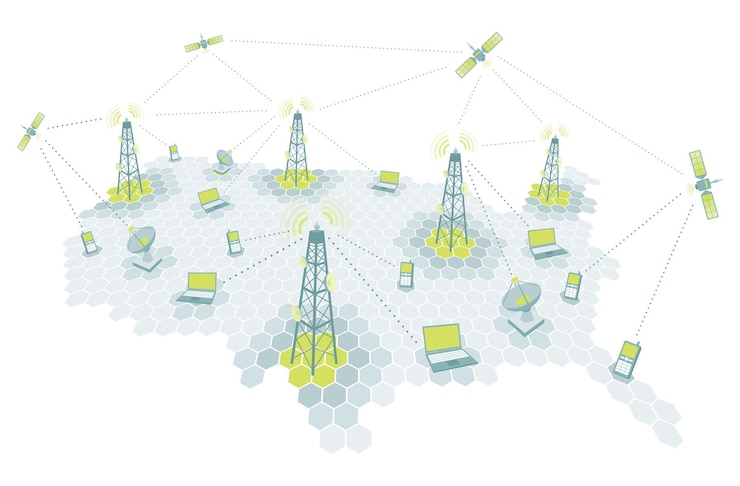 Vector complex telecomm network communication diagram