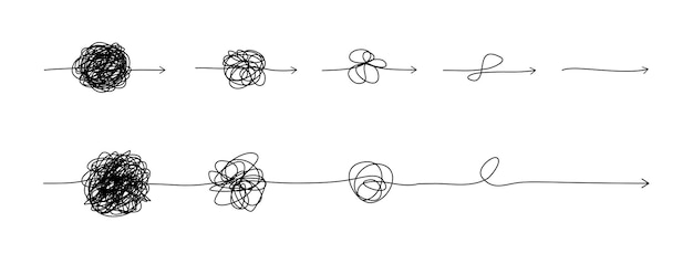 Complexe lijn en gecompliceerde manier idee denkproces concept rommelige bal wordt een rechte lijn concept
