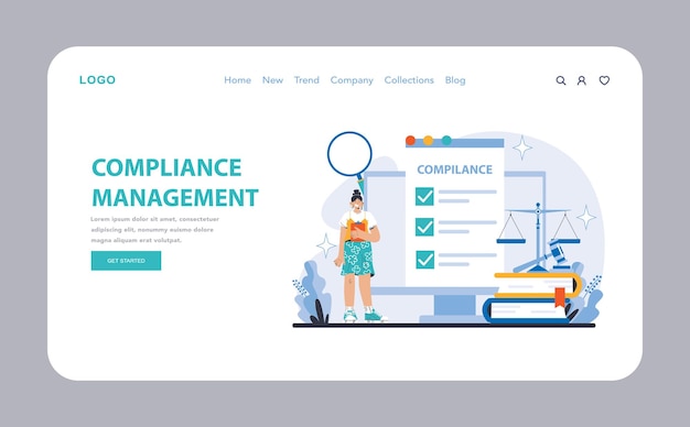 Vector compliance management web or landing page detailed illustration of regulatory adherence legal