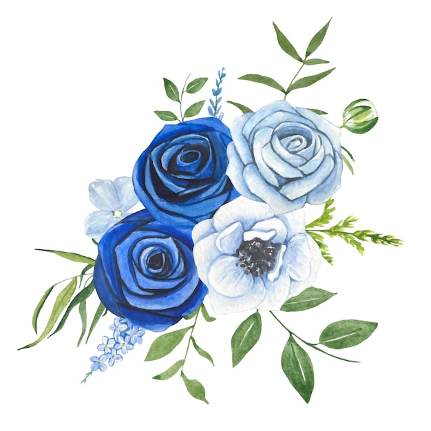 Composities van blauwe rozen en witte bloemen met groene bladeren aquarel illustratie