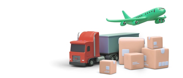 Composition of 3D plane truck and pile of boxes Vector illustration for advertising transportation of any type Difficult long routes Oversized cargo Template for web page phone application