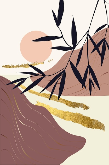 Composizione di forme astratte ed elementi botanici oro stile texture del minimalismo disegnato a mano