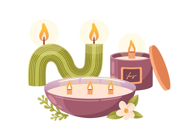 composition of aromatic burning soy candles in a glass and bowl with wooden wicks and curved