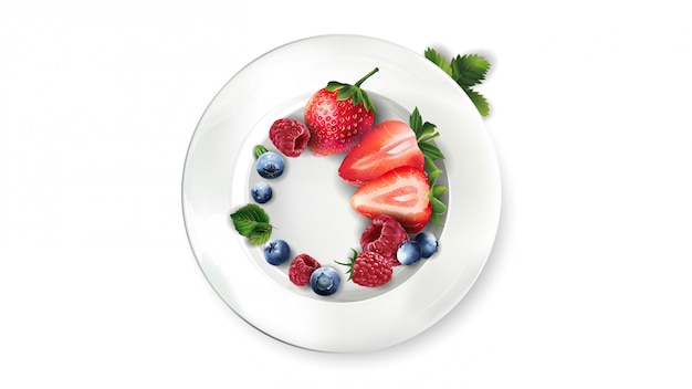 Composition of berries: strawberries, raspberries and blueberries on a white plate.