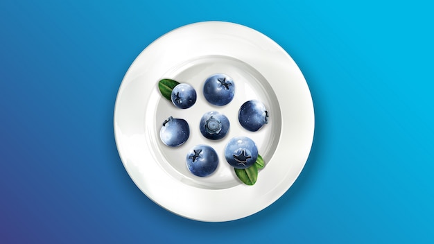 Vector composition of blueberries on a white plate.