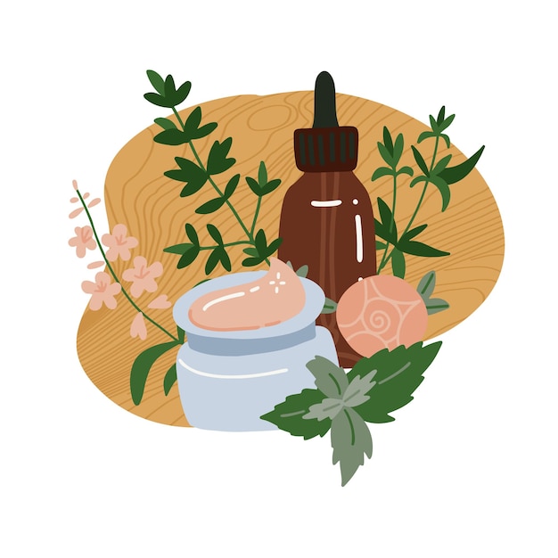 Vector composition of bottle with care products, face cream and serum. branch with leaves and design elements. flat illustration.