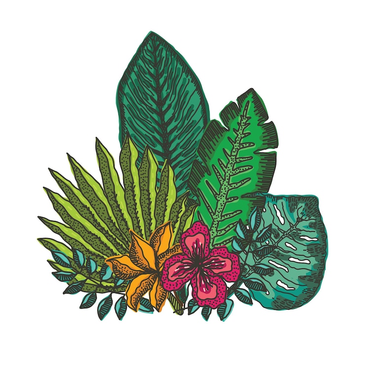 वेक्टर composition of bright tropical leaves and flowers