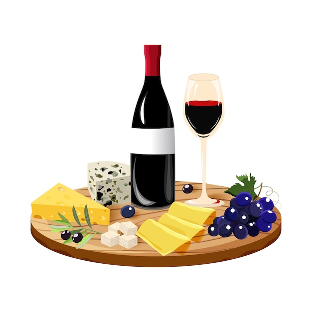 Composition of cheese wine and grapes