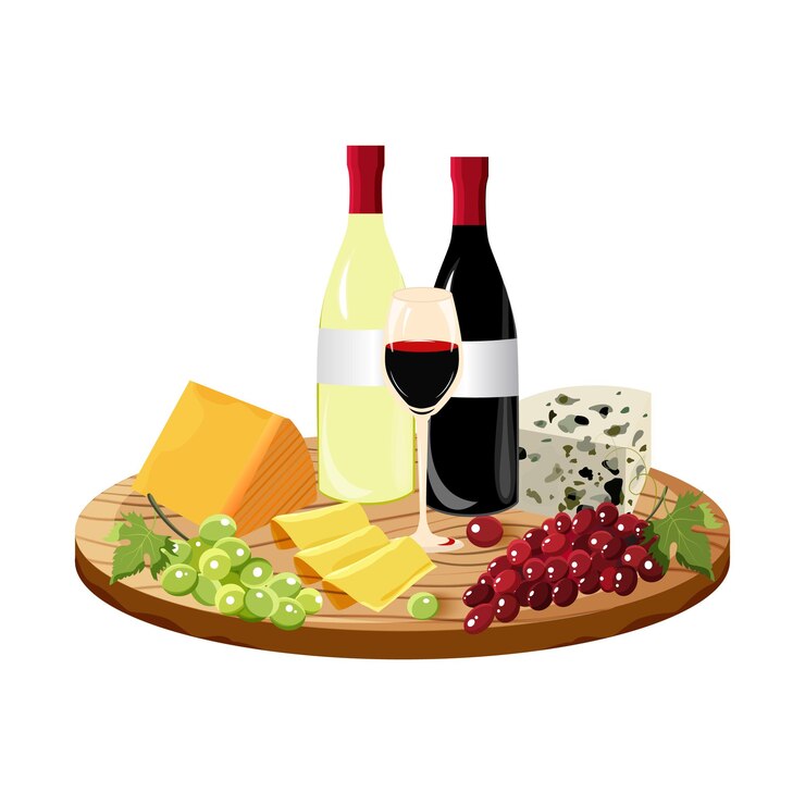 Vector composition of cheese wine and grapes