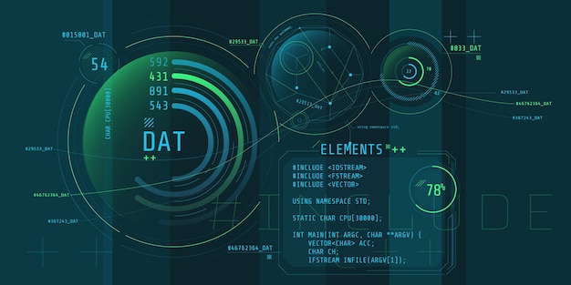 Composition of computer hud interface with coding.