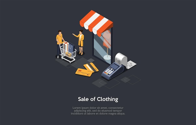 Composition on dark background with infographics. isometric vector illustration, cartoon 3d style objects. sale of clothing, mobile application or website. dress store commerce. customer and worker.