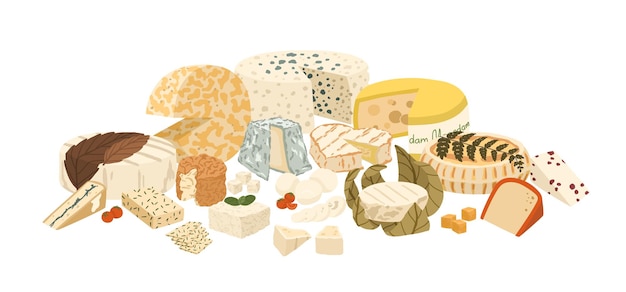 Vettore composizione di diverse illustrazioni vettoriali di assortimento di formaggi. set di prodotto lattico a fette isolato su sfondo bianco. raccolta di tipi di formaggi di salumeria realistici.