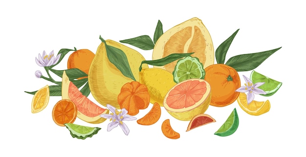 Vettore composizione di diversi agrumi tropicali. arancia fresca e succosa, limone, bergamotto, pompelmo, lime, mandarino, mandarino e pomelo. illustrazione vettoriale colorata isolata su sfondo bianco.