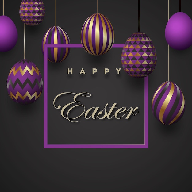 Composition of easter eggs. festive card white golden easter eggs with geometric patterns.