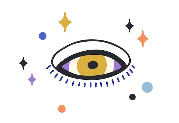 Composition of esoteric evil eye with stars around. Magic holy eyeball with eyelashes in doodle style. Mystical occult abstract symbol of god. Flat vector illustration isolated on white background.