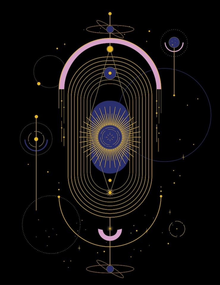 Vector composition of esoteric occult alchemical and boho symbols on a black background magic poster