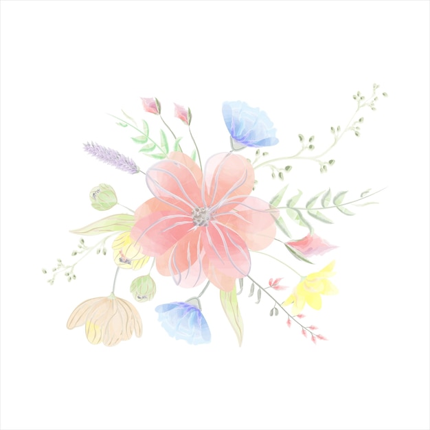 Composition of flowers with a pink flower in the center vector watercolor