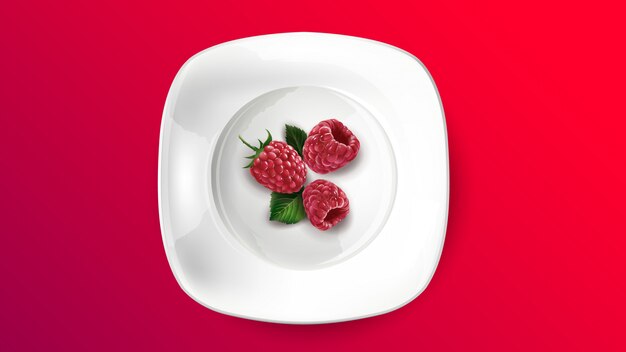 Composition of fresh raspberries on a white plate.