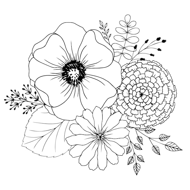 Composition of garden flowers and buds with leaves monochrome vector illustration